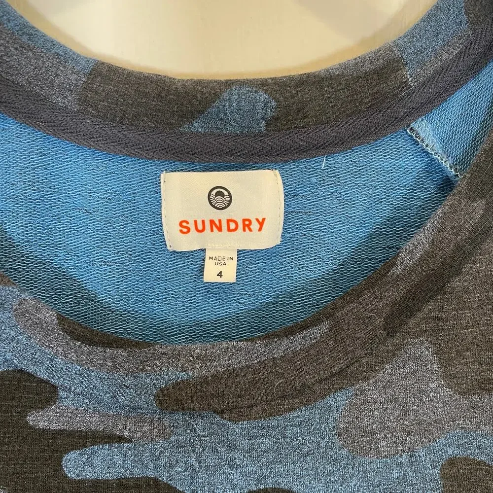 Sundry Sweatshirt Dress Blue Black Camo Print Ruched Sides Evereve 4 XL‎